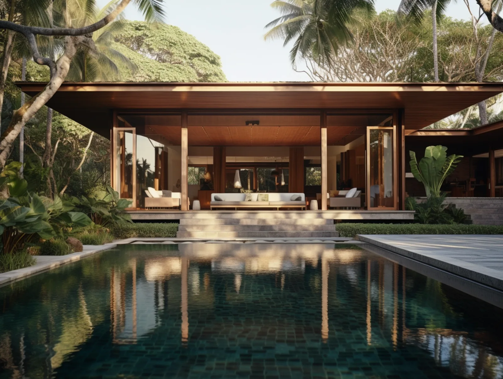 Tropical villa with mid-century minimalist design in South Lombok, set into the hillside with ocean views